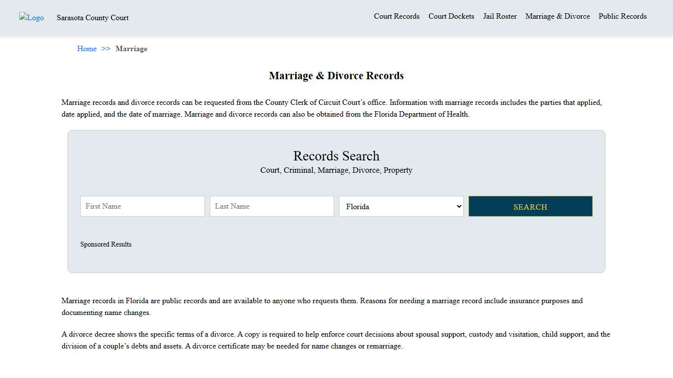 Marriage & Divorce Records Sarasota County Court